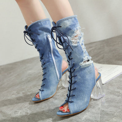 Botas Denim de Tacón Grueso con Punta Abierta y Tira Ajustable