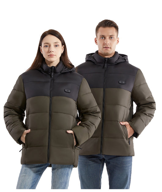 Man and woman modeling black smart heating puffer jackets with hoods, zippered pockets, and horizontal quilting. - Image 18
