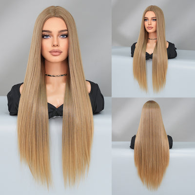 Peluca Larga Degradado Dorado Fibra Sintética Premium Cabello Liso Natural - Image 8