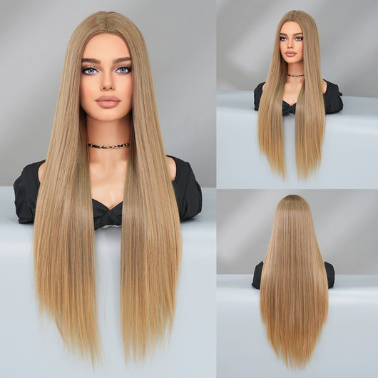 Peluca Larga Degradado Dorado Fibra Sintética Premium Cabello Liso Natural - Image 8