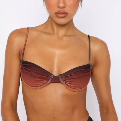 Gradient brown, orange, and green two-piece bikini swimsuit with a bandeau top and high-cut thong bottom. - Image 9