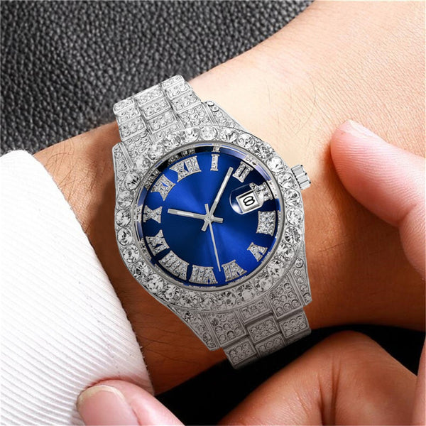 Reloj de Pulsera Hombre Acero Diamante con Calendario Movimiento Cuarzo