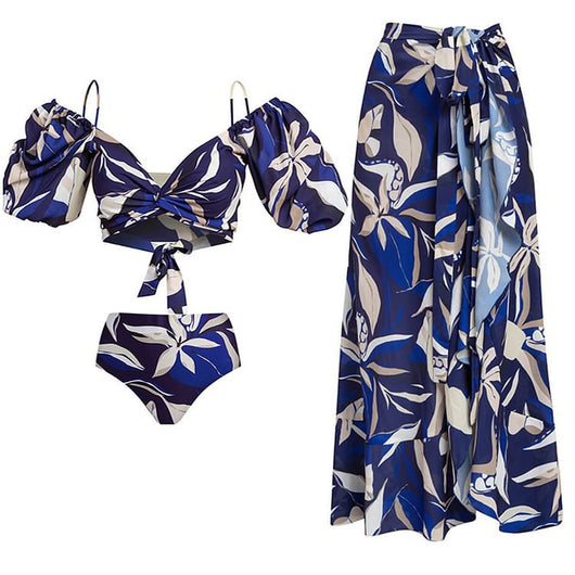 Women's blue and white tropical leaf print two-piece swimsuit with off-shoulder puff sleeves and high-waisted bottoms. - Image 12