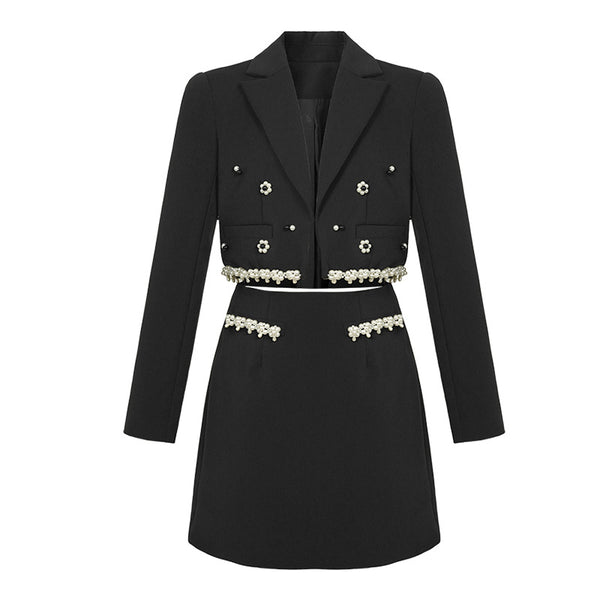 Conjunto de Traje Ejecutivo con Perlas - Blazer Corto y Falda Tubo