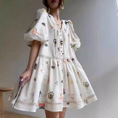 Vestido Retro Francés con Encaje y Mangas Abullonadas para Mujer