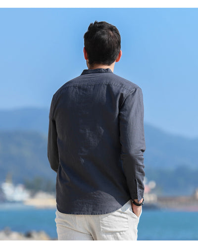 Camisa Casual de Lino y Algodón con Cuello Mao para Hombre - Image 20