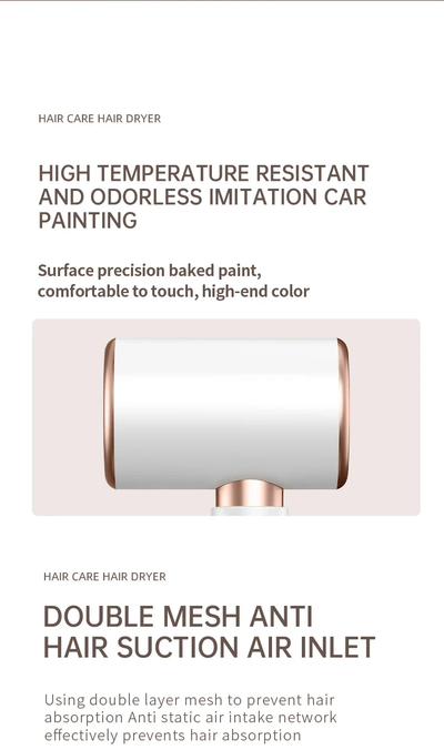 White professional hair dryer with rose gold accents, blue fan, and two control buttons, shown with a US 110V plug and a 360-degree rotating air collector nozzl - Image 44