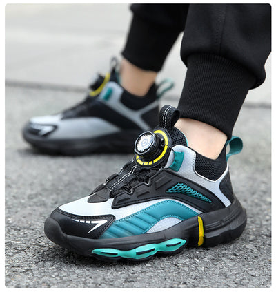 Black, white, and neon green children's basketball shoes with rotating buckle closure, featuring a mid-top design. - Image 30