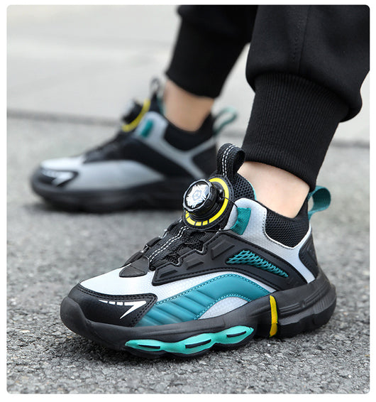Black, white, and neon green children's basketball shoes with rotating buckle closure, featuring a mid-top design. - Image 30