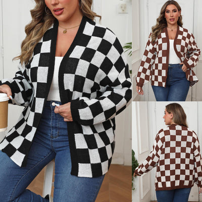 Suéter Cardigan Patchwork Contraste Cuadros Ajedrez Holgado Casual - Image 3