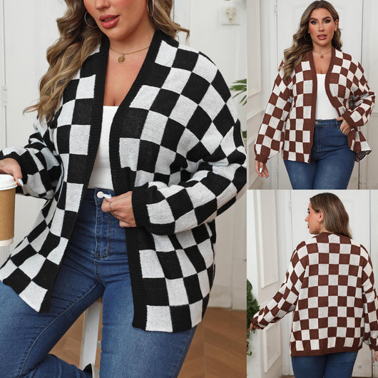 Suéter Cardigan Patchwork Contraste Cuadros Ajedrez Holgado Casual - Image 3