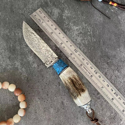 Cuchillo de Asta de Venado con Acero Damasceno y Mango Turquesa - Image 2