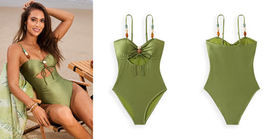Olive green one-piece swimsuit with a front drawstring cutout and beaded straps, worn by a woman on a beach. - Image 15