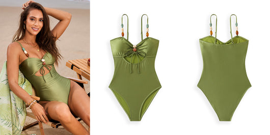 Olive green one-piece swimsuit with a front drawstring cutout and beaded straps, worn by a woman on a beach. - Image 15