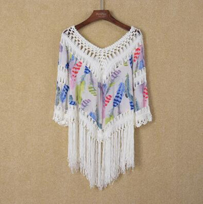 Camisa de Playa Bikini con Costuras Estampadas y Borlas - Image 4