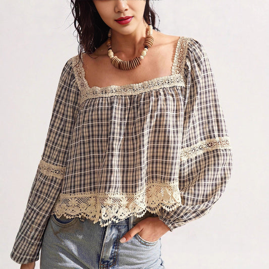 Blusa de Encaje Patchwork para Mujer