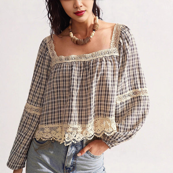 Blusa de Encaje Patchwork para Mujer