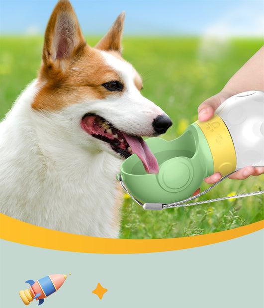 Portable pet water bottle with white drinking bowl, translucent grey reservoir, and yellow paw print band. - Image 7