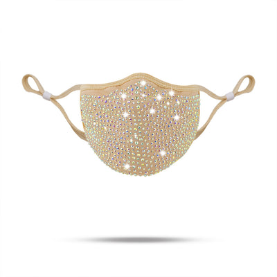 Beige fashion face mask covered in clear rhinestones with adjustable ear loops for a sparkly look.