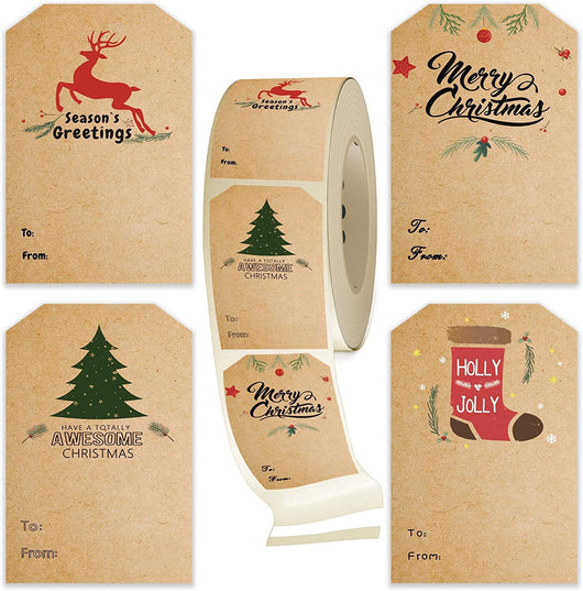 Kraft paper Christmas holiday gift sticker roll with various designs including reindeer, Christmas trees, and Merry Christmas text. - Image 14