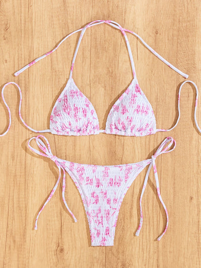 Red floral print triangle cup bikini set with matching bottom, featuring a small gold charm on the top. - Image 19