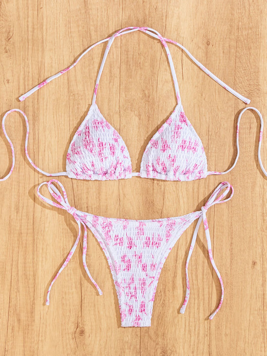 Red floral print triangle cup bikini set with matching bottom, featuring a small gold charm on the top. - Image 19