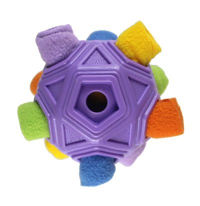Purple hollow-out pet dog toy ball with colorful fabric protrusions for biting and smelling activities. - Image 10
