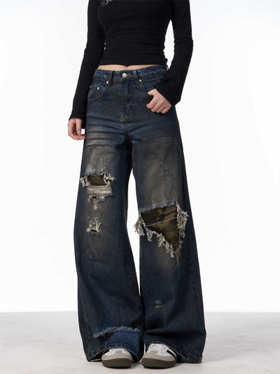 Pantalones Vaqueros Rotos Camuflaje Mujer Cintura Alta Pierna Recta Oversize - Image 13