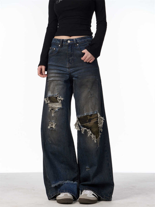 Pantalones Vaqueros Rotos Camuflaje Mujer Cintura Alta Pierna Recta Oversize - Image 13