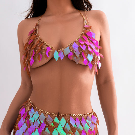 Woman wearing a gold-tone body chain top with iridescent pink and orange diamond-shaped sequins, perfect for beach or festival. - Image 7
