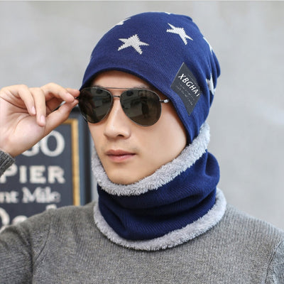 Brown knitted beanie with white five-pointed stars and a matching fleece-lined neck warmer on a man. - Image 26