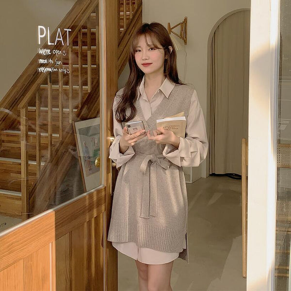 Conjunto de Chaleco de Lana y Camisa Polo Cuello Alto para Otoño e Invierno