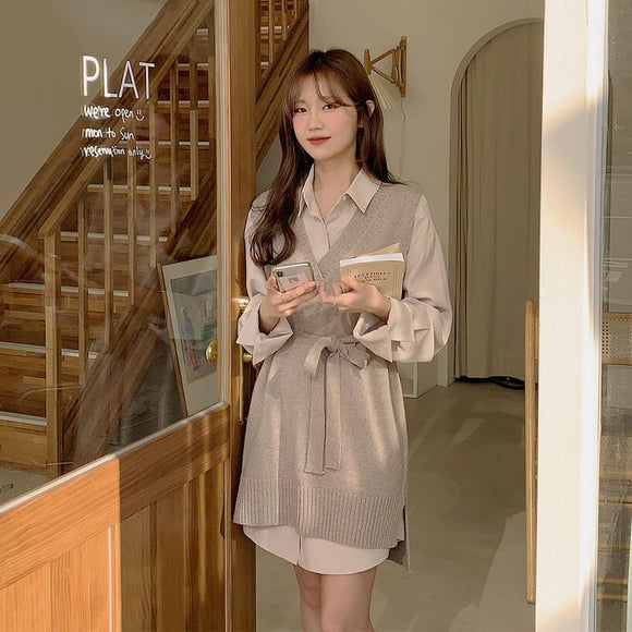 Conjunto de Chaleco de Lana y Camisa Polo Cuello Alto para Otoño e Invierno