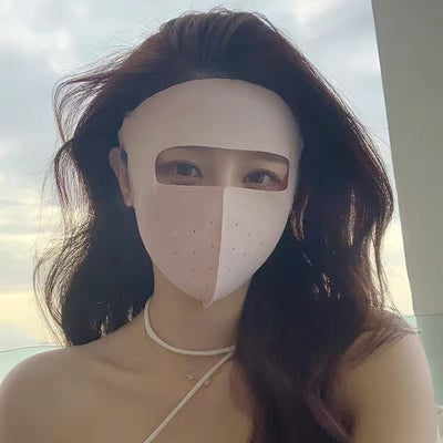 Light pink ice silk sun protection mask with ear loops and neck coverage, featuring small ventilation holes. - Image 25