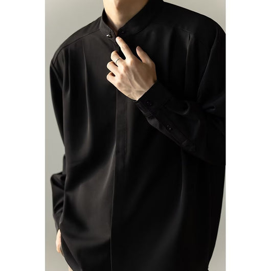Camisa Casual Holgada de Manga Larga con Cuello Alzado para Hombre - Image 4