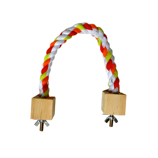 Colorful braided rope bird toy with wooden blocks and metal fasteners, forming a circular swing or climbing perch. - Image 2