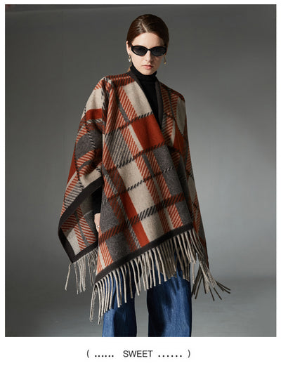 Chal Cuadriculado con Borlas Europeo y Americano en Camel - Image 19