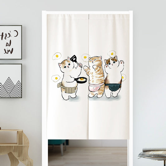 White segmented fabric door curtain with a cartoon design of three cats cooking and surrounded by fried eggs. - Image 2