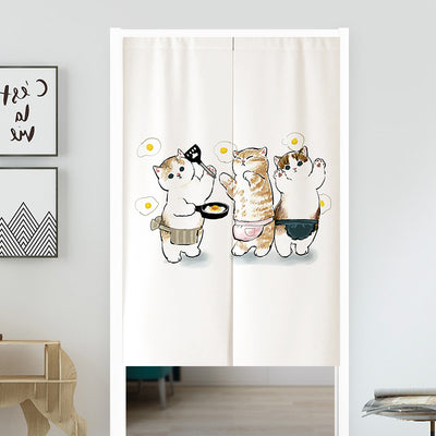 White segmented fabric door curtain with a cartoon design of three cats cooking and surrounded by fried eggs. - Image 2