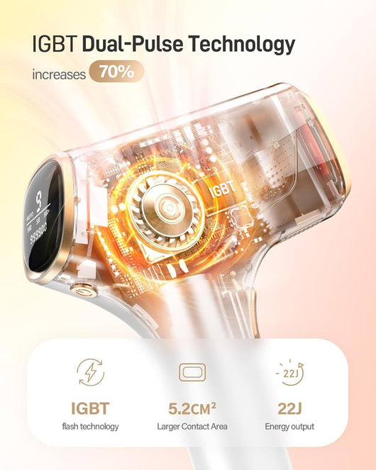 White and gold IPL hair removal device with safety glasses and razor, shown with its "Hair Removal" packaging. - Image 24