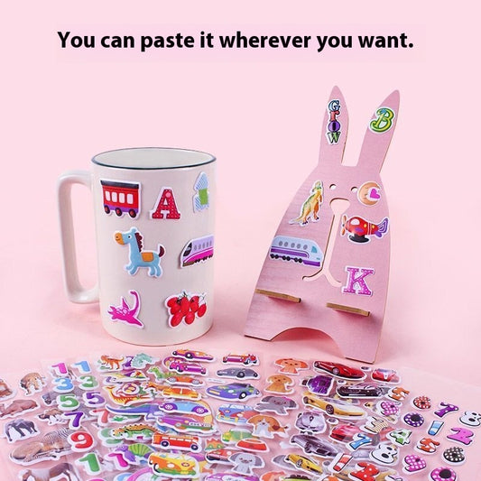 A hand holds a large stack of colorful 3D bubble stickers, with sheets featuring cars, vegetables, numbers, and animals.