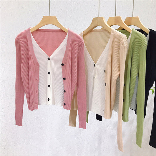 Cardigan Tejido Falsa Dos Piezas Mujer Cuello V Manga Larga - Image 45