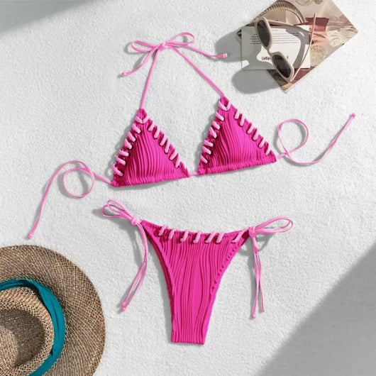 Light blue ribbed bikini swimsuit with pink tie straps and lacing detail, featuring a triangle top and thong bottom. - Image 10