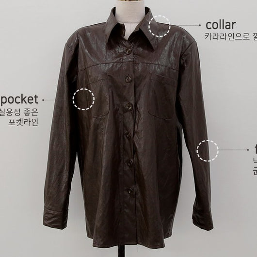 Camisa de Cuero Manga Larga Color Sólido Estilo Coreano - Image 3