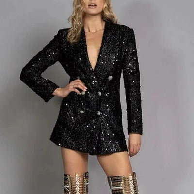 Blusa Larga Negra Mujer Cuello V Doble Botonadura con Lentejuelas Ajustada