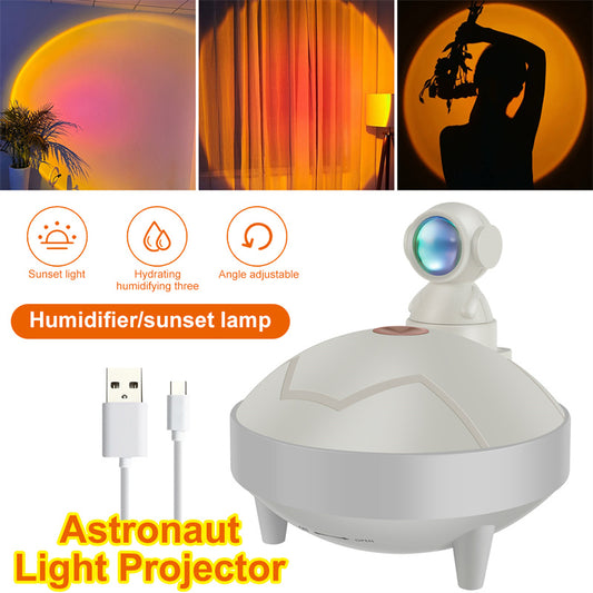 White astronaut sunset lamp humidifier with a 360-degree rotating head and two spray modes, on a light background.