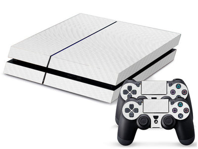 PS4 console and two controllers with a tan and beige carbon fiber sticker applied, featuring a woven pattern. - Image 6