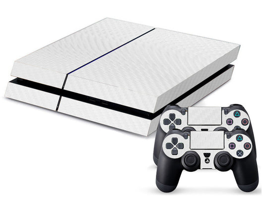 PS4 console and two controllers with a tan and beige carbon fiber sticker applied, featuring a woven pattern. - Image 6