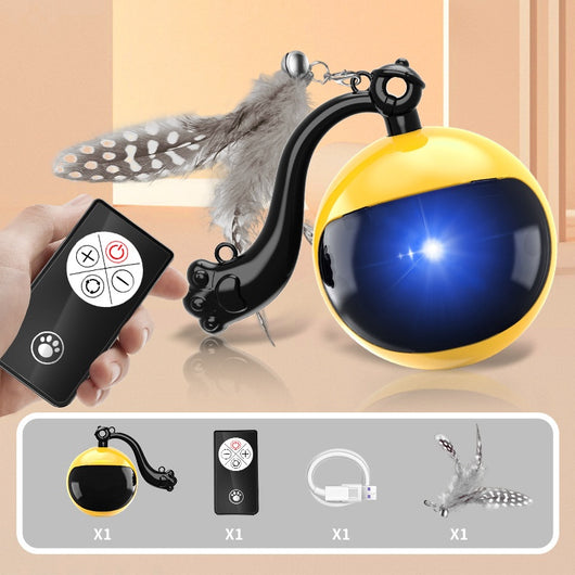 Blue and black rotating cat teasing ball with light, sound, and feather toy, controlled by a remote. - Image 5