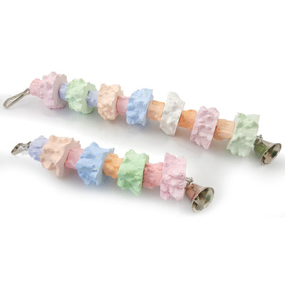 Colorful pepper stone molar string toy for birds, featuring pastel blocks and a metal bell at the bottom. - Image 4